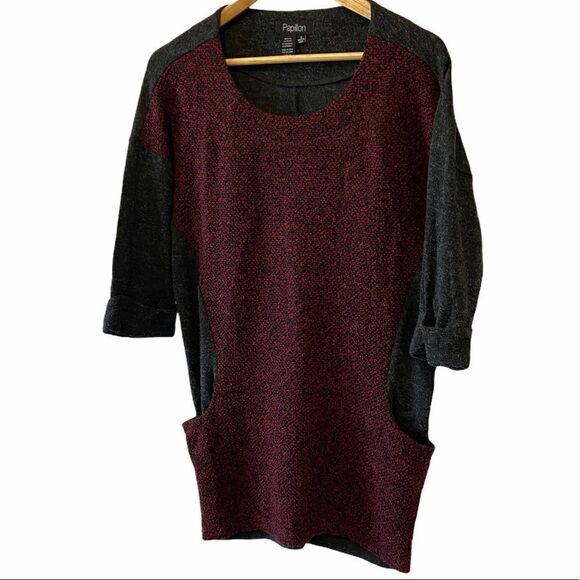 PAPILLON Grey&Burgundy Tunic Sweater W/ Pockets S - Picture 1 of 7